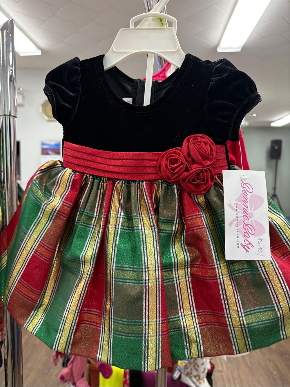 Bonnie Baby Black Velvet and Red Green Plaid Holiday Dress
